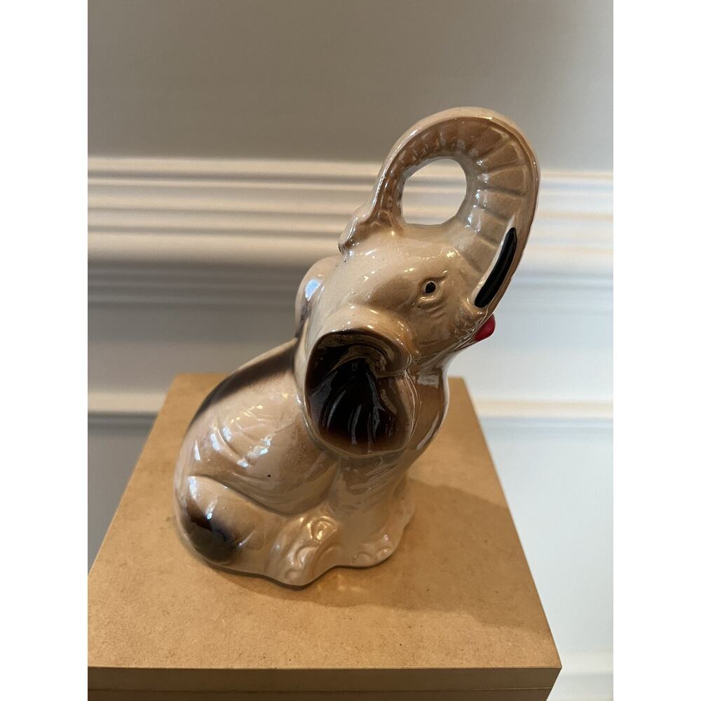 Vintage Ceramic Elephant Figurine Trunk Up Brown Glossy Animal Decor Statue